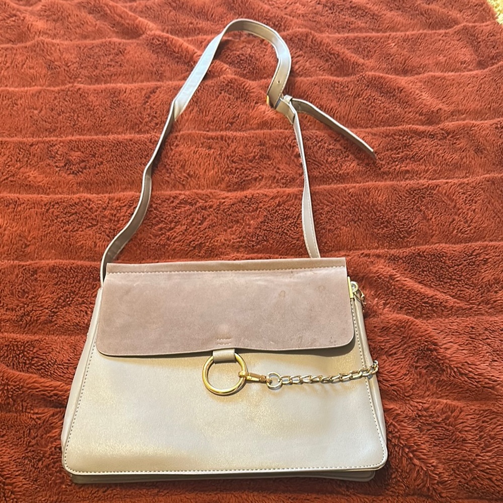 Gray and Cream Crossbody Bag with Gold Chain Accent